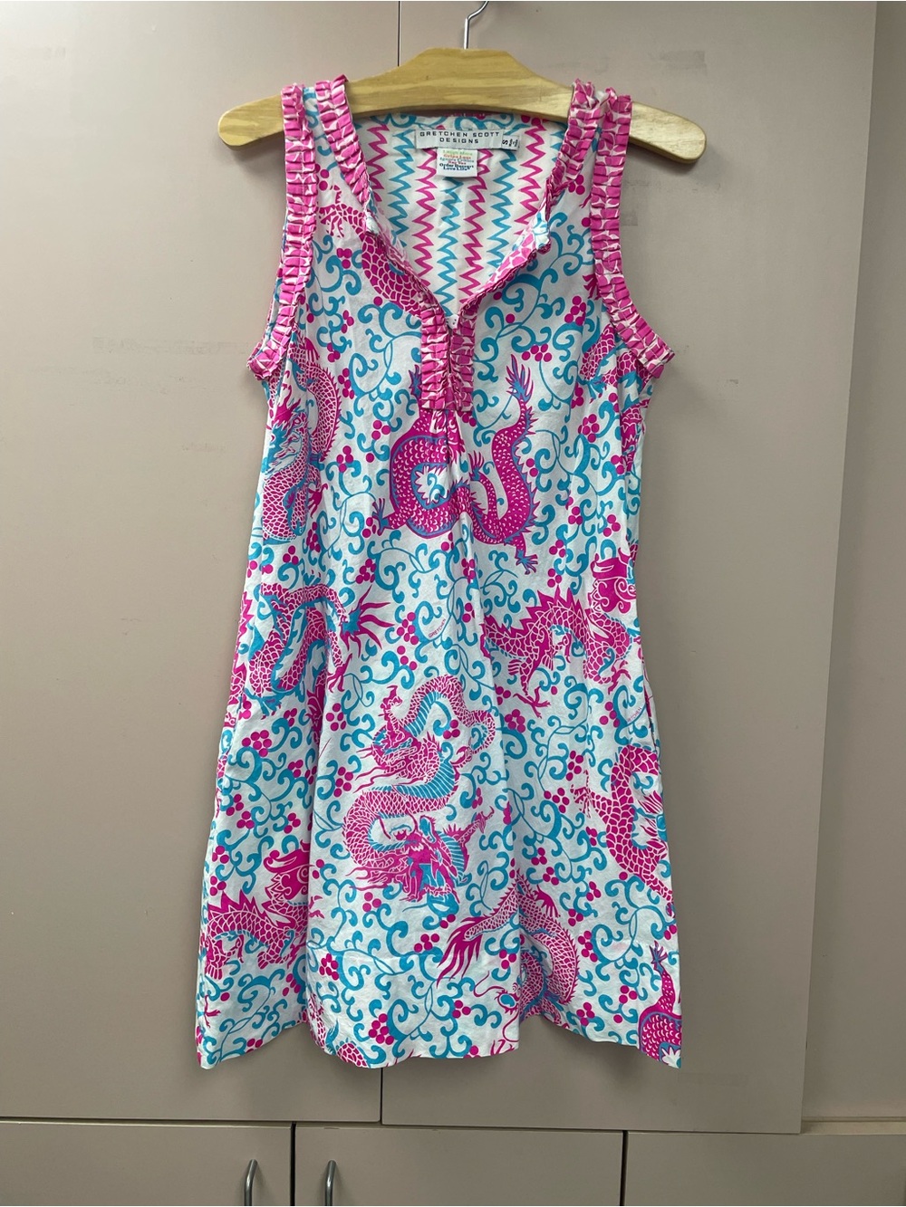 Gretchen Scott Designs Dragon Print Ruffle Tunic Dress Pink Blue Small